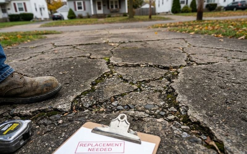 Alligator cracking pattern in concrete driveway assessment