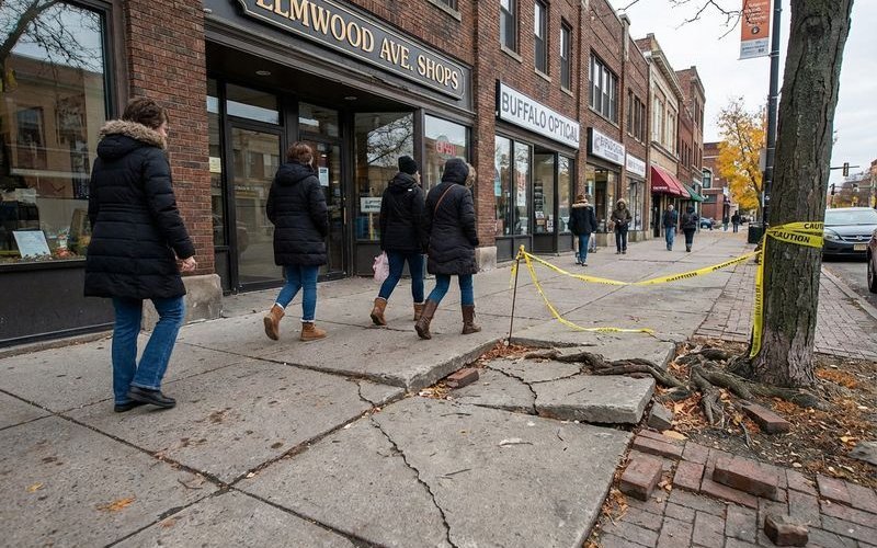 Commercial sidewalk with multiple trip hazards requiring professional leveling