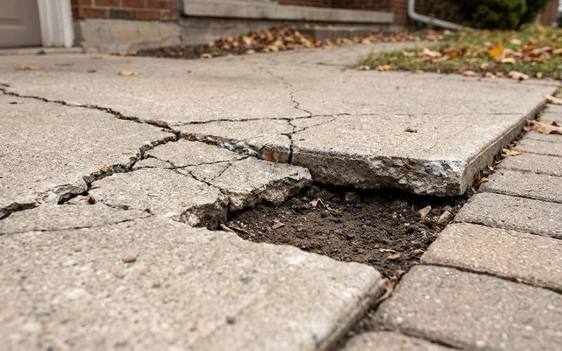 Concrete cracks indicating settling and void formation beneath slab