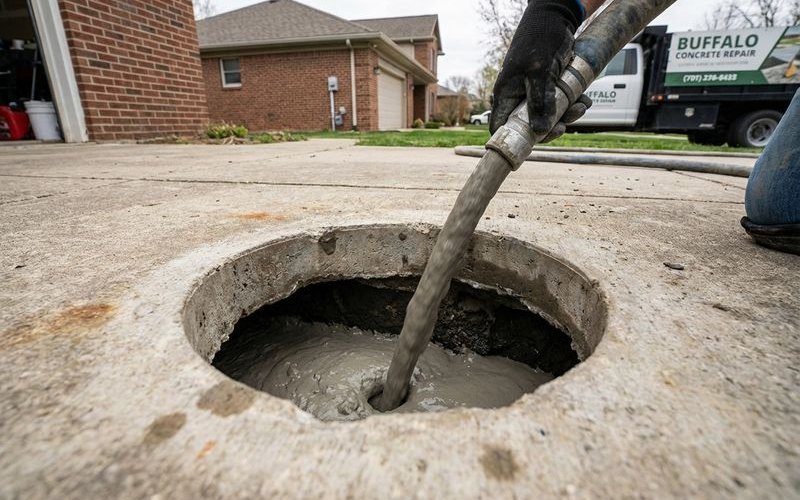 Mudjacking with limestone slurry stabilizing soil beneath concrete