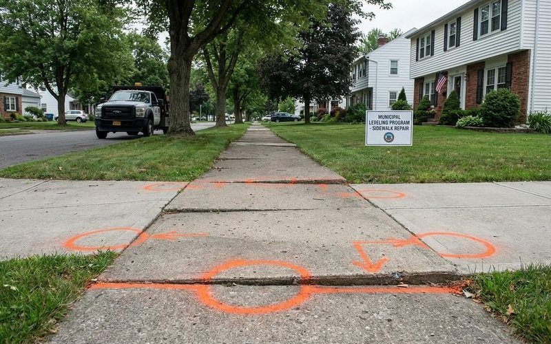 Municipal sidewalk with multiple trip hazards requiring leveling repair