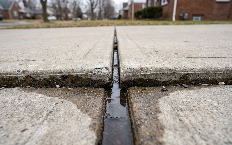 Open expansion joints in concrete allowing water infiltration damage