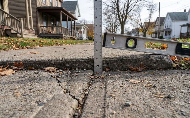 Raised concrete slab edge creating dangerous trip hazard needing leveling