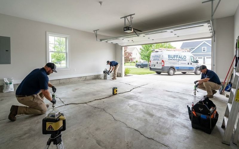 Settling garage floor with visible cracks and uneven surface requiring leveling