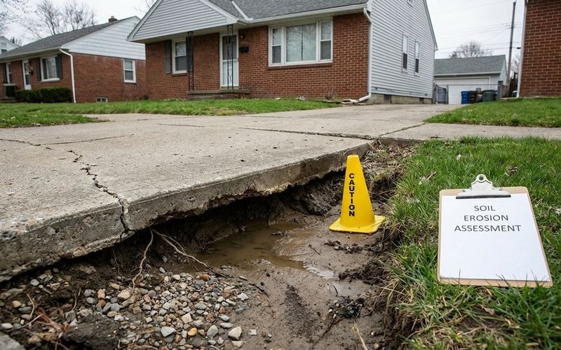 Cross-section showing soil erosion beneath concrete driveway causing settling