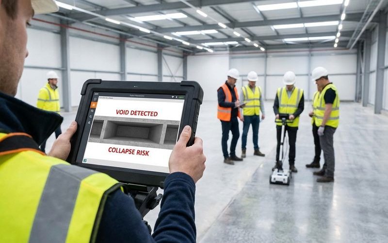 Underground void forming beneath concrete slab causing potential collapse risk