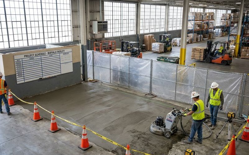 Warehouse floor leveling in progress with sectioned work areas